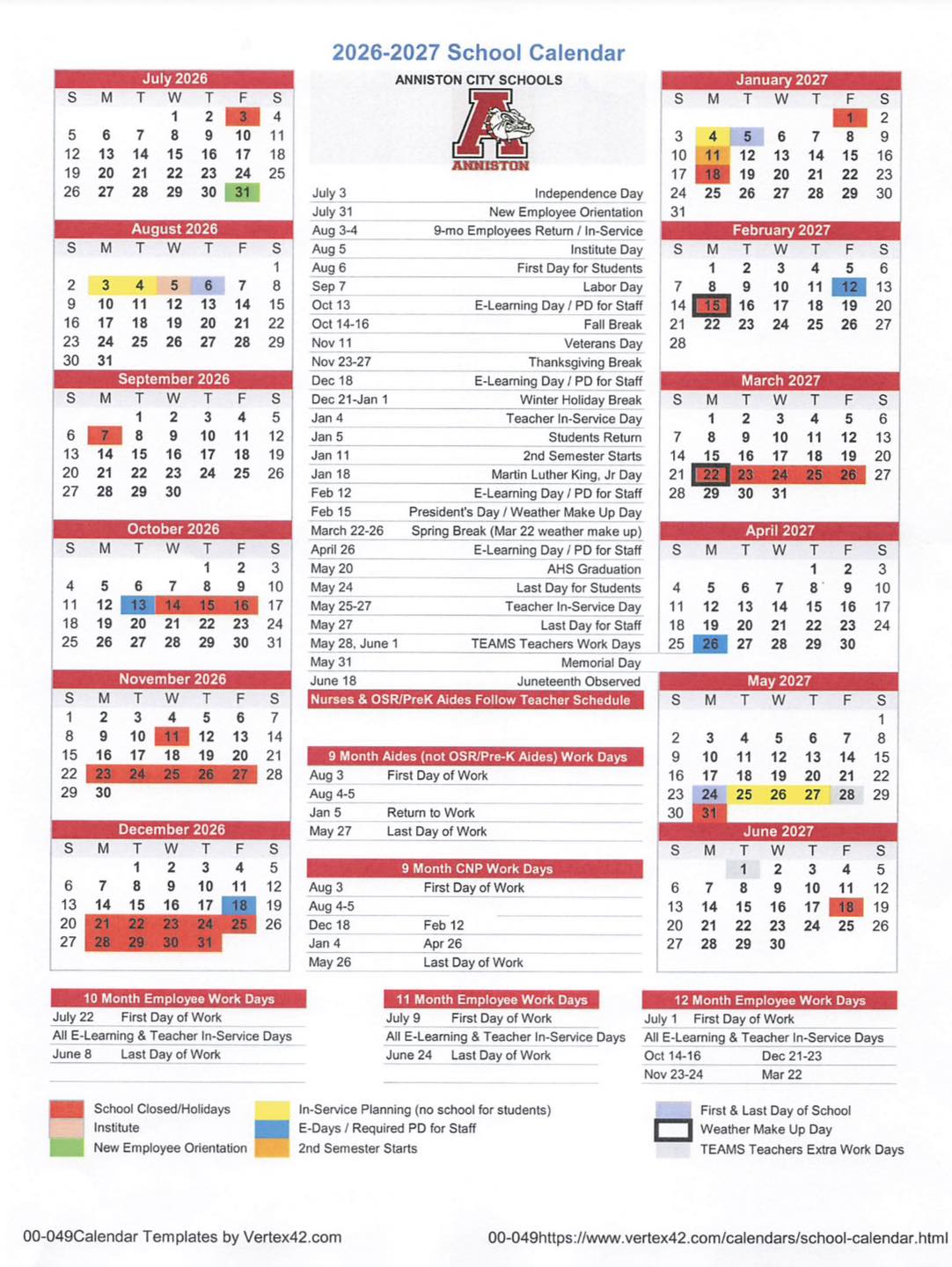Anniston City Schools 2026 - 2027 Calendar